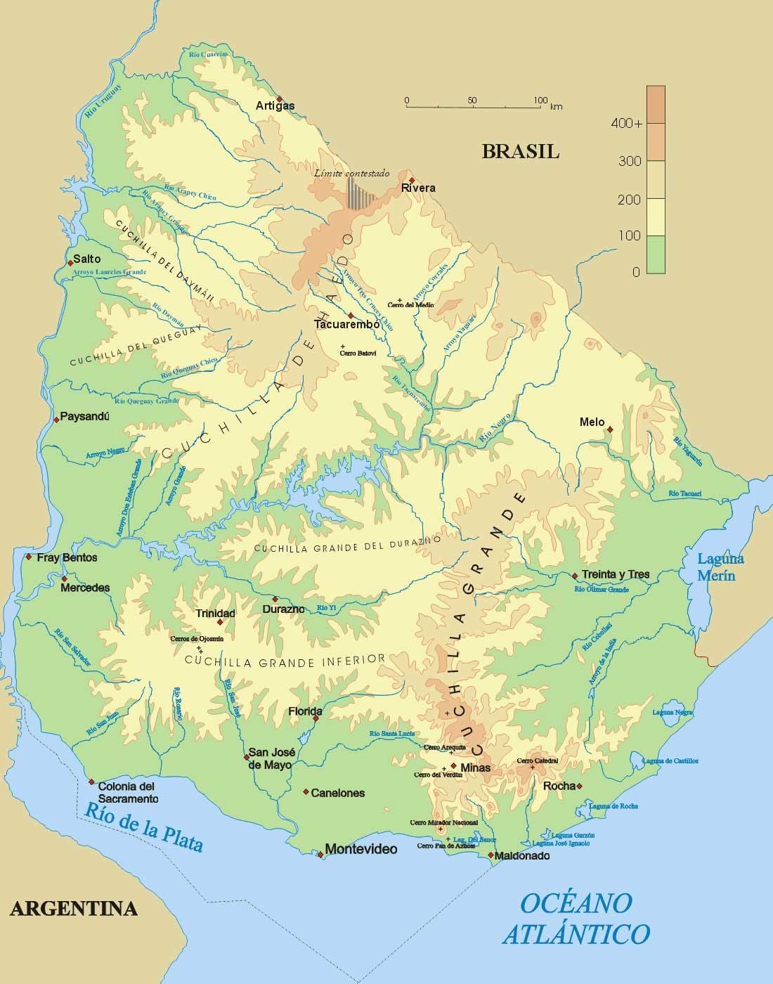 Mapa fizički Urugvaj